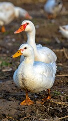 Obraz premium Close-up of two white ducks with orange beaks on the ground