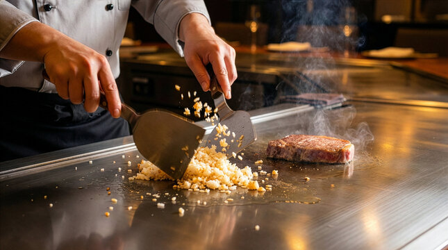 Teppanyaki chef hands stir-frying garlic rice with motion blur next to searing steak