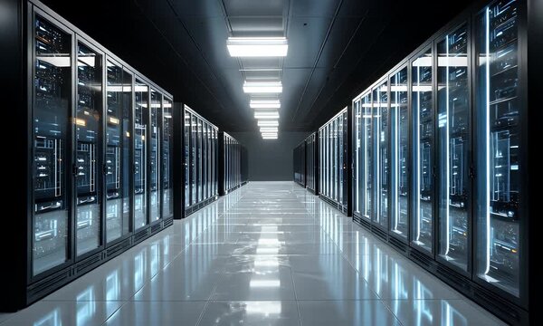 Modern data center server room with rows of illuminated racks and a reflective floor creating a futuristic and high tech environment for digital infrastructure and cloud computing