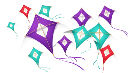 Colorful kites flying in the sky isolated on transparent background