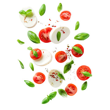 Slices of fresh mozzarella, halved tomatoes, and basil leaves float dynamically against a dark background.