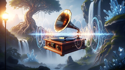Fantasy-inspired ultra realistic image of a gramophone releasing glowing energy, symbolizing discovery, opportunity, reward, and hidden potential.
