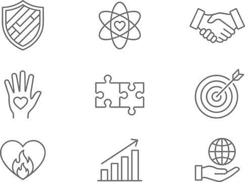 Core values icon set, protection, compassion, partnership, care, collaboration, goals, passion, growth, global support - flat vector illustration