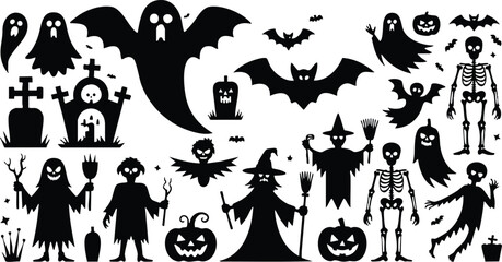 Fototapeta premium Spooky Halloween Character Silhouette Collection, Classic Horror Icon Graphics Set, Festive Gothic Element Illustrations, vector, illustration, silhouette