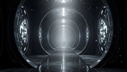 Futuristic circular chamber with glowing technology