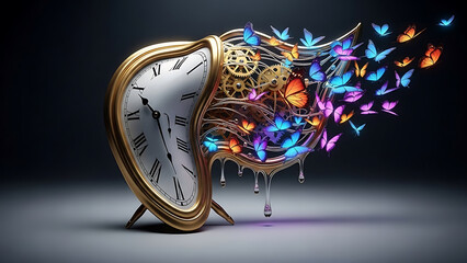 Surreal illustration of a clock releasing colorful abstract elements, symbolizing creativity, ideas, imagination, and innovative thinking.