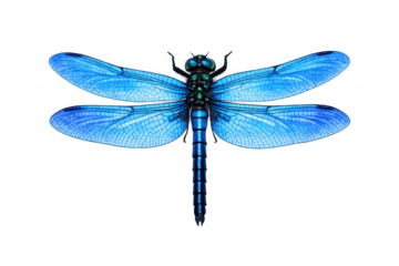 Blue dragonfly displaying intricate wings details against a transparent background, showcasing iridescent insect beauty
