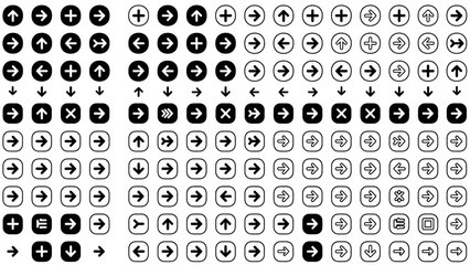 Collection of various black and white direction and action icons
