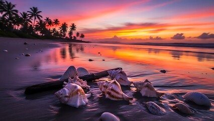 Vibrant tropical beach sunset featuring exotic seashells on wet sand, reflecting the stunning orange, pink, and purple sky. Ideal for nature and travel themes.