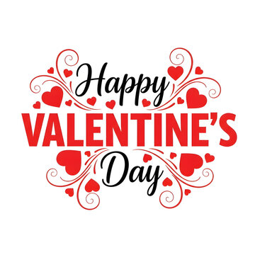 Happy valentine s day red text with decorative hearts and swirls illustration