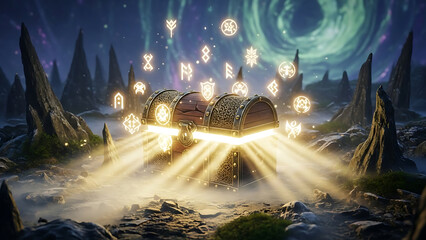 Inspirational fantasy scene of a glowing golden treasure chest, symbolizing success, hope, future, and achievement.
