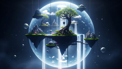 Conceptual image of a miniature green world inside a glass sphere, symbolizing sustainability, environment protection, future earth, and balance.