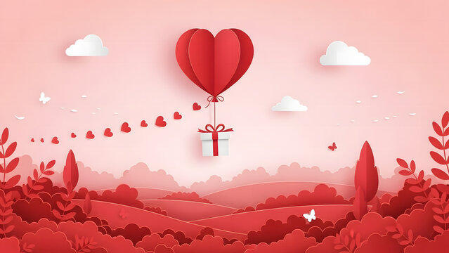 A red heart shaped hot air balloon floats over a paper landscape