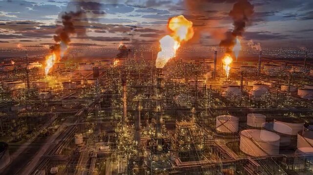 Aerial view of a large industrial complex with flames and illuminated structures at dusk.