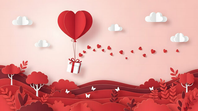 A red heart shaped balloon carries a gift over a paper landscape