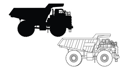 Detailed illustrations of a large mining dump truck side and outline views © Rina