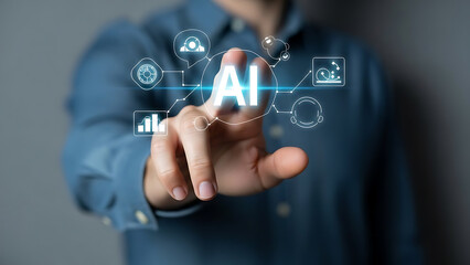 Close-up of human hand touching futuristic AI interface hologram. Concept of artificial intelligence, digital transformation, innovation, technology future, and human-computer interaction.