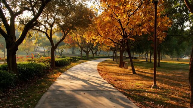 初秋の公園、色づく並木と曲がる遊歩道の景色