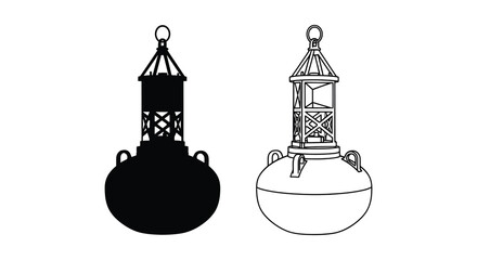Black and white illustration of two navigational buoys with distinct designs © Rina