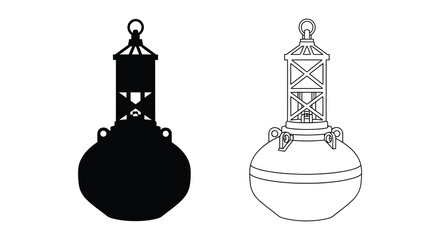 Detailed illustration of two nautical buoys in contrasting black and white styles © Rina