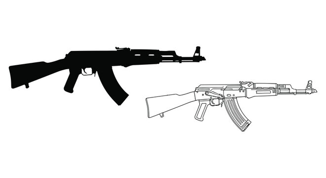 Black and white illustration depicting an ak 47 assault rifle in two views