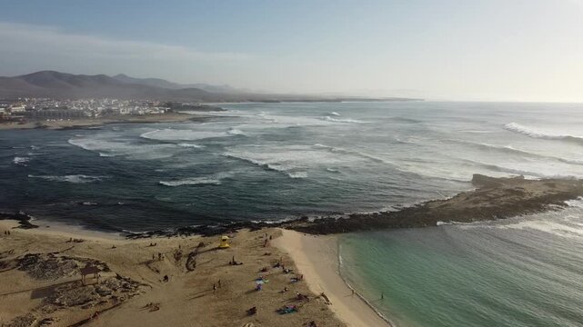Aerial view of El Cotillo coastal town at sunset in Fuerteventura, Spain