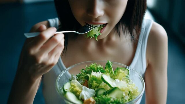 ガラスボウルのサラダを味わう女性の食卓シーン