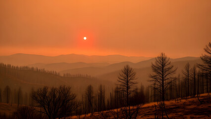 Obraz premium A mesmerizing fiery orange sunset casting an ominous glow over a vast, scorched forest landscape with bare trees and rolling hills, evoking a dramatic wilderness scene