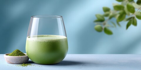 Green smoothie in a clear glass sits on a light blue surface, accompanied by a small bowl of matcha powder, surrounded by soft green leaves, showcasing a fresh and healthy lifestyle