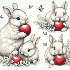 Cute line-art rabbits gathered together, munching on apples.