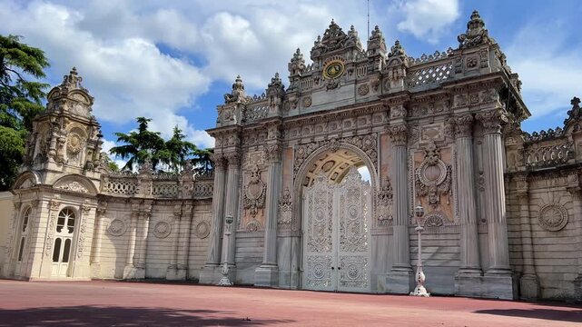 TURKEY - August 3, 2024: The openwork gates of the Dolmabahce Palace, adorned with stone and metal patterns, are located on the European side of Istanbul, on the banks of the Bosphorus. 4К