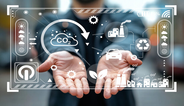 Futuristic Concept of Sustainable Development with Hands Holding Digital Interface Featuring Eco-Friendly Icons and Environmental Data Visualization - Powered by Adobe