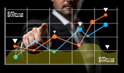 Businessman Analyzing Growth Data with Graphs and Charts Representing Market Trends and Performance Indicators for Financial Analysis and Decision Making