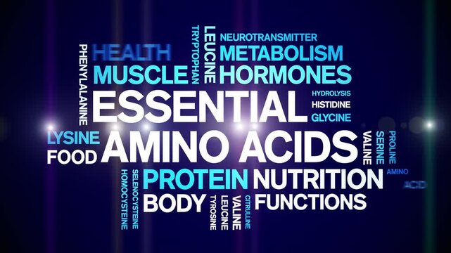 Essential Amino Acids animated word cloud-text design animation tag kinetic typography seamless loop.