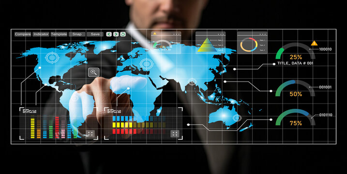 Professional Male Using Interactive Touchscreen Display with Global Map and Data Visualization in Modern Office Environment for Business Analysis - Powered by Adobe