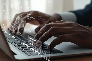 Hands typing on laptop displaying battery management system interface with technical data overlay in a modern workspace setting