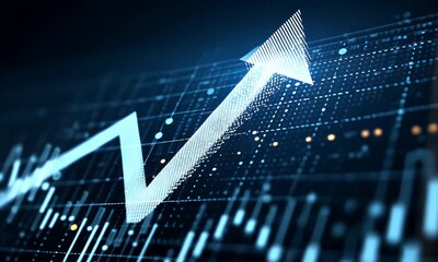 Digital abstract financial chart with an upward trending arrow and glowing data points representing growth and positive market performance in a dark blue futuristic setting - Powered by Adobe
