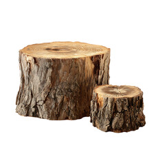 Two natural wooden tree stumps display pedestals stand against a dark background