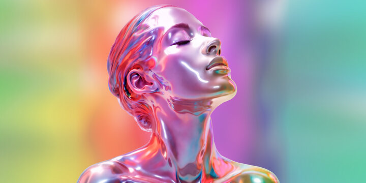 Futuristic Iridescent Sculpture of Person in Profile View with Dynamic Color Reflections and Smooth Metallic Surface Texture 