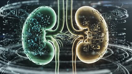Futuristic Medical Illustration of Human Kidneys with DNA Strands and Digital Network - Powered by Adobe