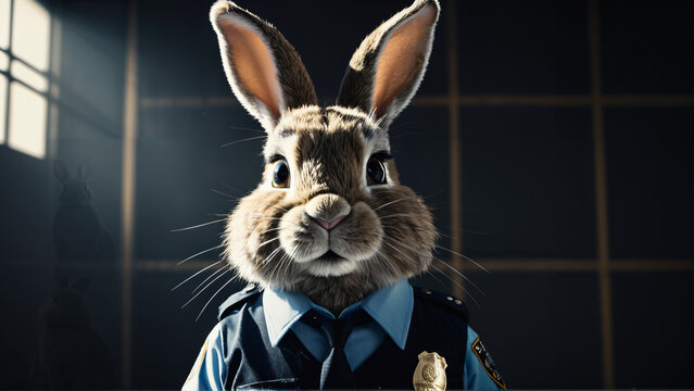 Hase in Polizeiuniform als Polizist in einem dunklen B&uuml;ro