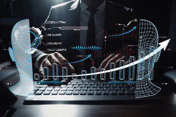 Professional Businessman Analyzing Data Insights with Digital Graphs on Laptop in Dark Office Environment for Strategic Decision Making