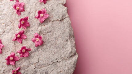 Natural stone decorated with pink alstroemeria flowers on soft pink gradient. Perfect for cosmetics, jewelry, or product display podium visuals
