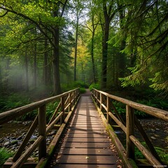 Wooden Bridge Through Forest - A Tranquil Nature Scene.