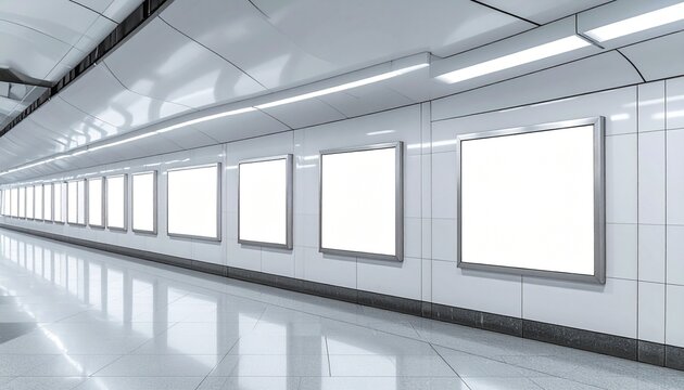 Perspective view of multiple blank square advertising billboards in a modern underground transit tunnel showing sterile white architecture and reflective floors . space to design and perfect any