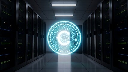 A glowing digital coin hologram floats in a dark server room, symbolizing cryptocurrency and high-tech data processing.