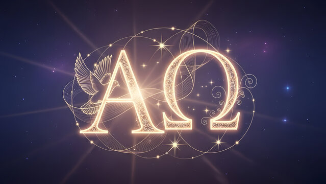 A radiant display of Alpha and Omega in glowing gold, surrounded by swirling ornaments and stellar sparks against a deep blue-purple background. Symbolic of beginnings, endings, and eternal balance.