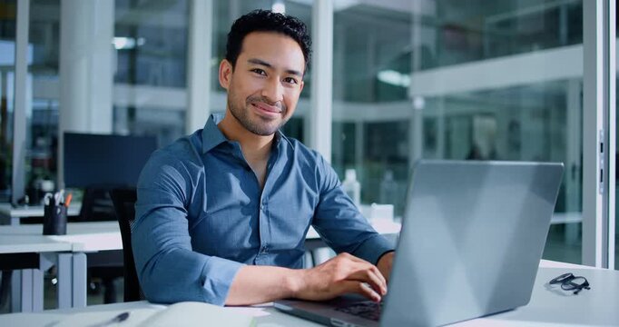 Face, businessman and laptop in office for accountant report, company audit or online research. Finance project, portrait and smile with tech for performance review, management or bookkeeping at firm