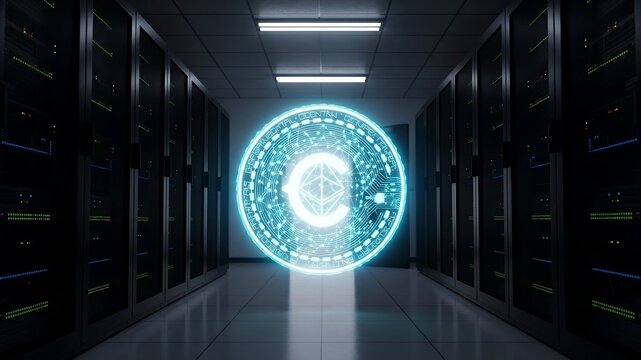 A glowing digital coin hologram floats in a dark server room, symbolizing cryptocurrency and high-tech data processing. - Powered by Adobe