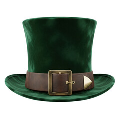 a deep emerald green velvet leprechaun top hat, antique gold buckle detail, matte leather band, isolated still life on white background. luxurious festive holiday concept
